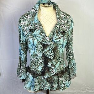 Belissimo Teal & Brown long sleeve shirt. Sz medium. Loop button down. Like new